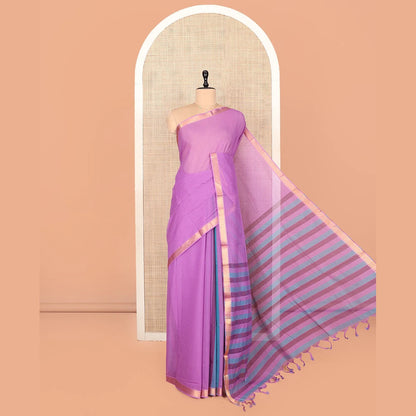 Pothys Purple Plain Andhra Cotton Saree Featuring Temple Zari Border, Contrast Striped Pallu, and a Contrast Blouse