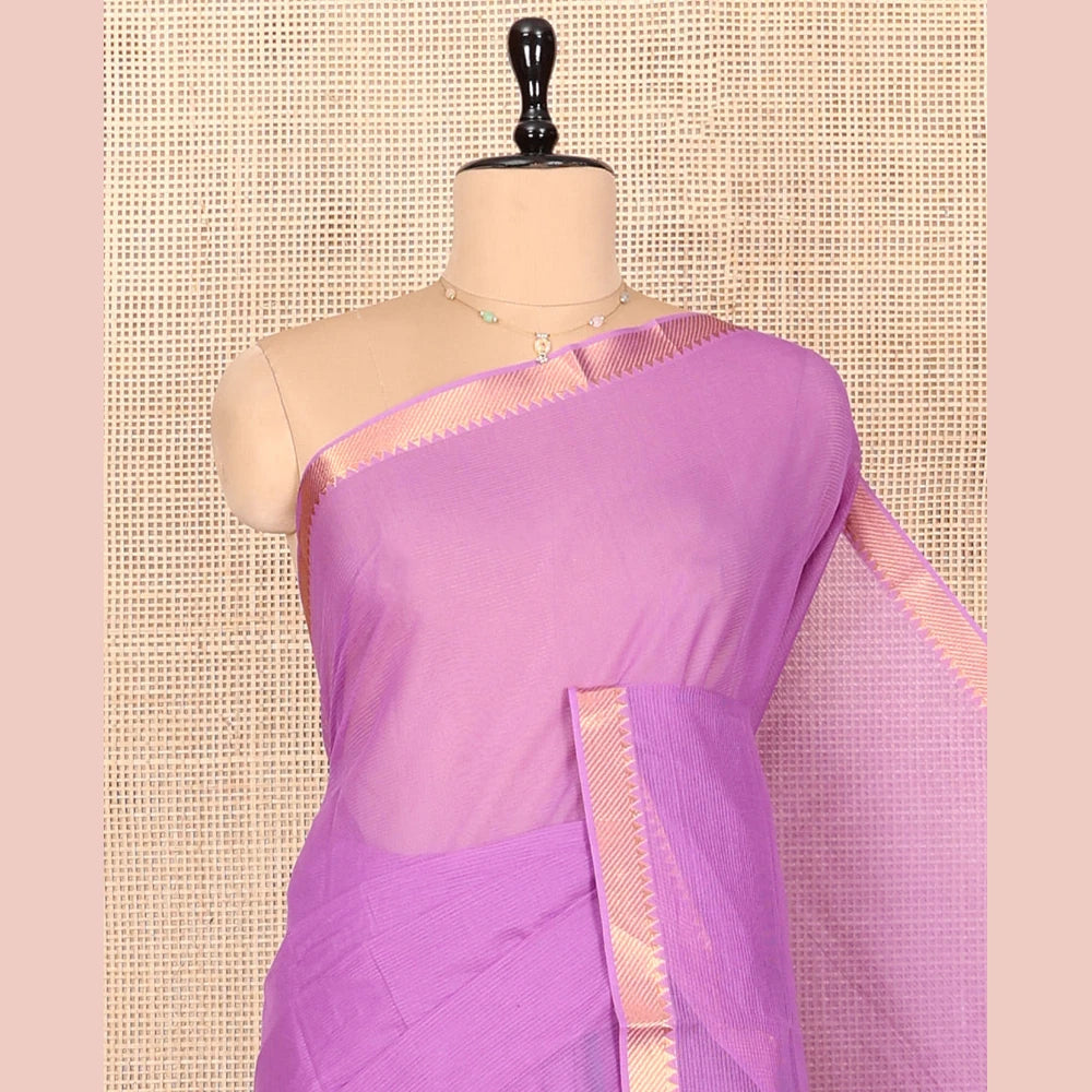 Pothys Purple Plain Andhra Cotton Saree Featuring Temple Zari Border, Contrast Striped Pallu, and a Contrast Blouse