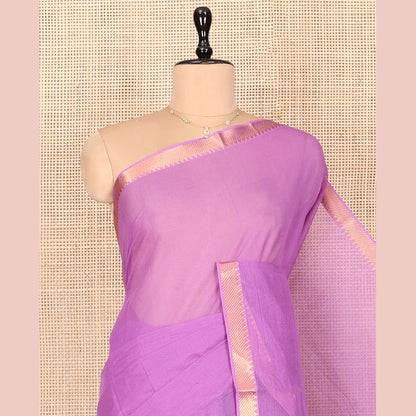 Pothys Purple Plain Andhra Cotton Saree Featuring Temple Zari Border, Contrast Striped Pallu, and a Contrast Blouse