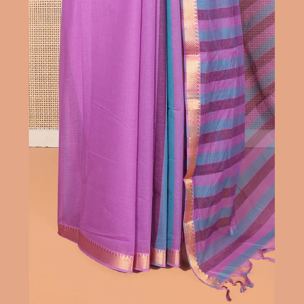 Pothys Purple Plain Andhra Cotton Saree Featuring Temple Zari Border, Contrast Striped Pallu, and a Contrast Blouse