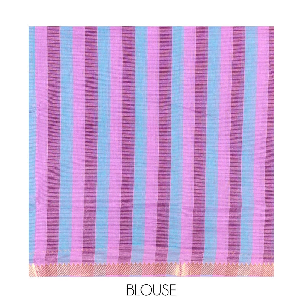 Pothys Purple Plain Andhra Cotton Saree Featuring Temple Zari Border, Contrast Striped Pallu, and a Contrast Blouse