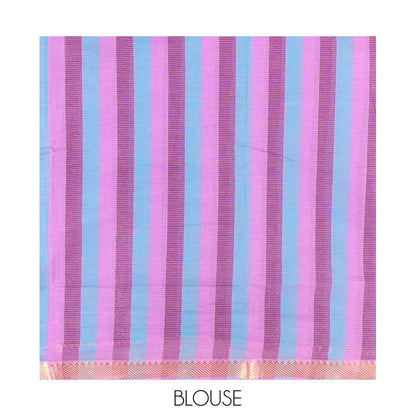 Pothys Purple Plain Andhra Cotton Saree Featuring Temple Zari Border, Contrast Striped Pallu, and a Contrast Blouse