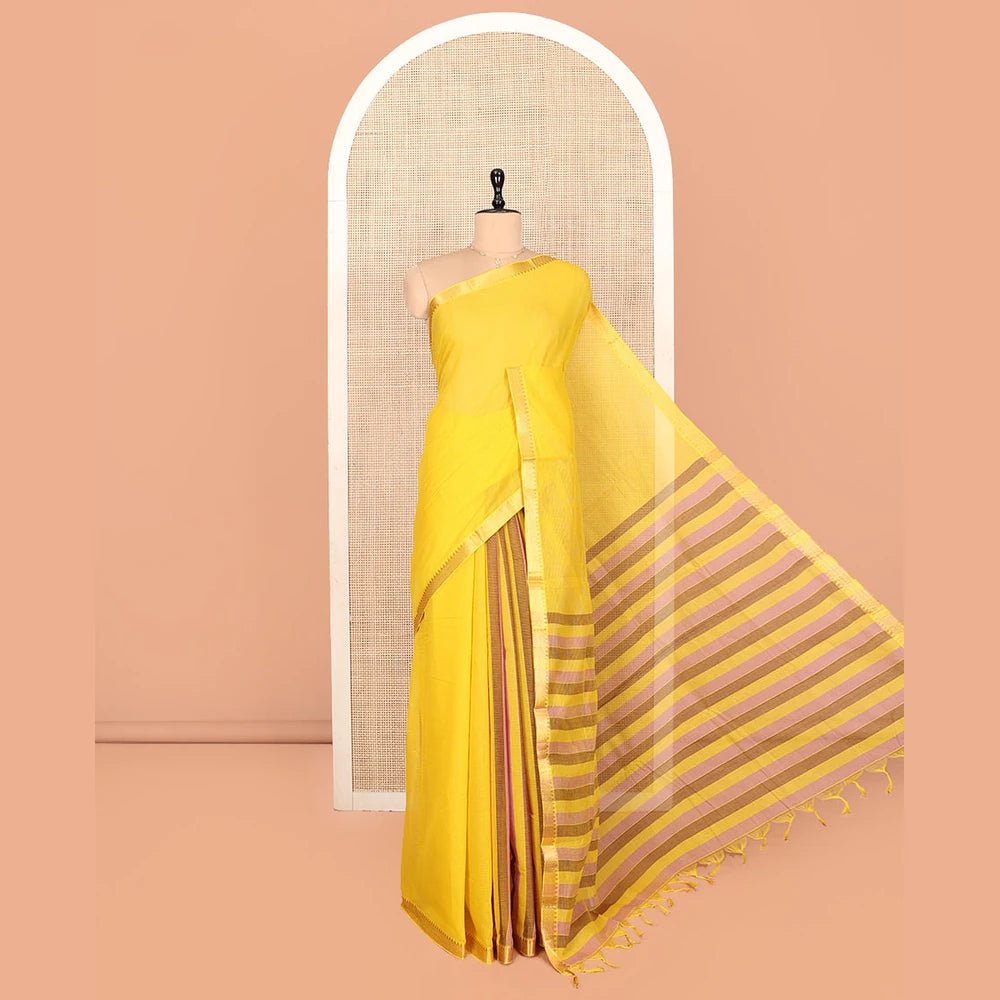 Pothys Yellow Plain Andhra Cotton Saree, Woven with Temple Zari Border, Contrast Striped Pallu, and a Contrast Blouse