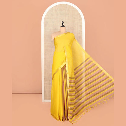 Pothys Yellow Plain Andhra Cotton Saree, Woven with Temple Zari Border, Contrast Striped Pallu, and a Contrast Blouse