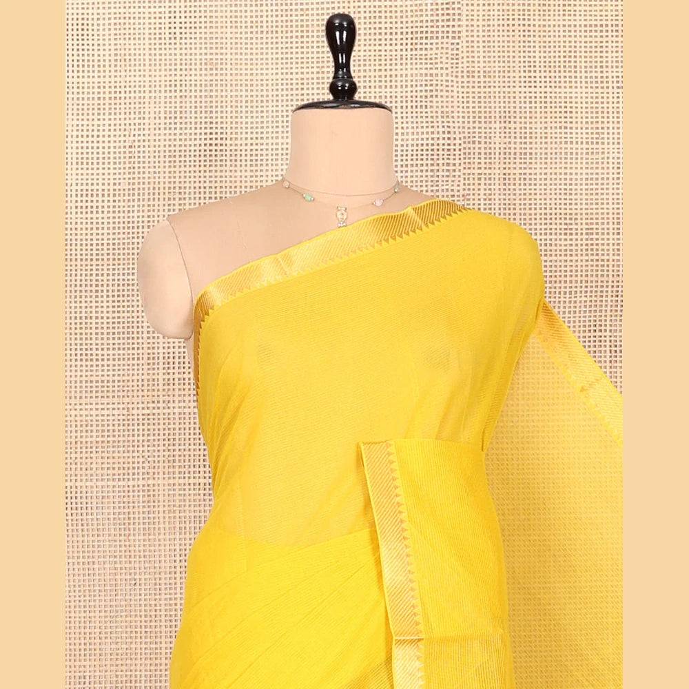 Pothys Yellow Plain Andhra Cotton Saree, Woven with Temple Zari Border, Contrast Striped Pallu, and a Contrast Blouse