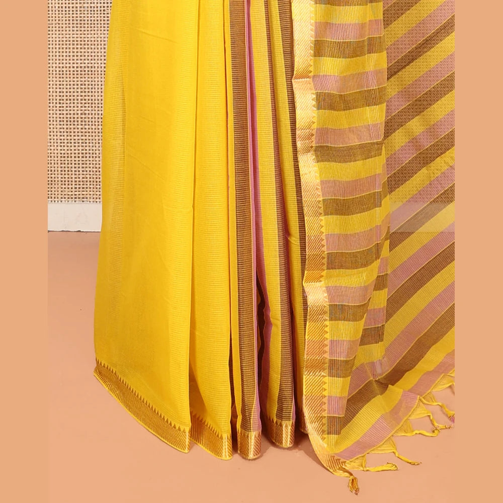 Pothys Yellow Plain Andhra Cotton Saree, Woven with Temple Zari Border, Contrast Striped Pallu, and a Contrast Blouse
