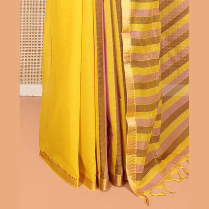 Pothys Yellow Plain Andhra Cotton Saree, Woven with Temple Zari Border, Contrast Striped Pallu, and a Contrast Blouse