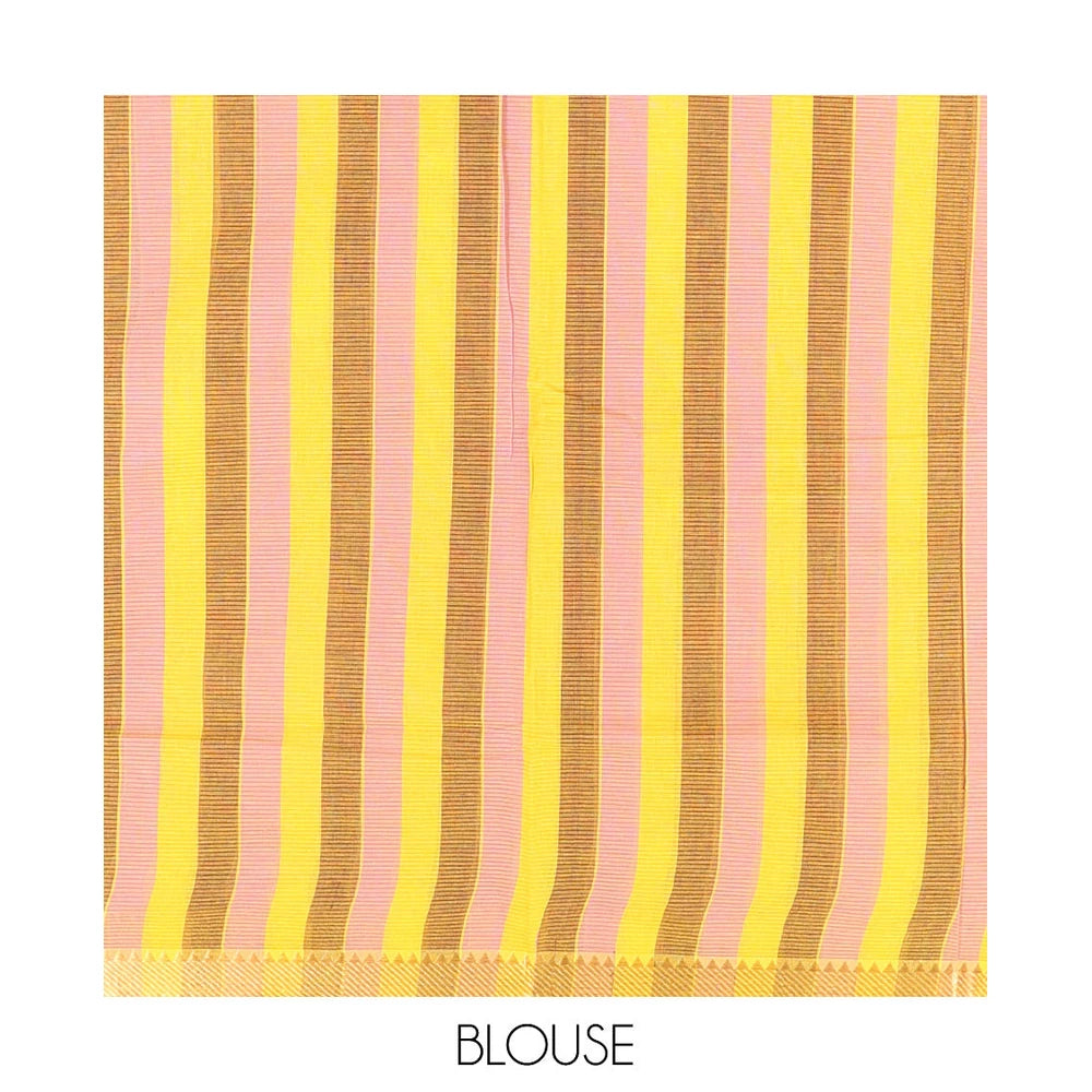 Pothys Yellow Plain Andhra Cotton Saree, Woven with Temple Zari Border, Contrast Striped Pallu, and a Contrast Blouse