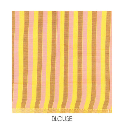 Pothys Yellow Plain Andhra Cotton Saree, Woven with Temple Zari Border, Contrast Striped Pallu, and a Contrast Blouse
