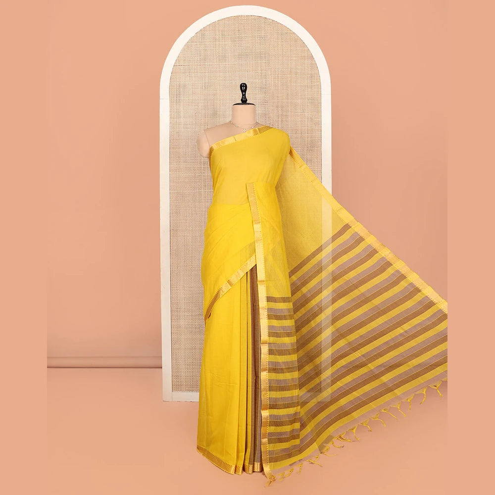 Pothys Yellow Plain Andhra Cotton Saree, Crafted with Temple Zari Border, Contrast Striped Pallu, and a Contrast Blouse