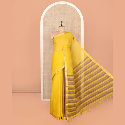 Pothys Yellow Plain Andhra Cotton Saree, Crafted with Temple Zari Border, Contrast Striped Pallu, and a Contrast Blouse