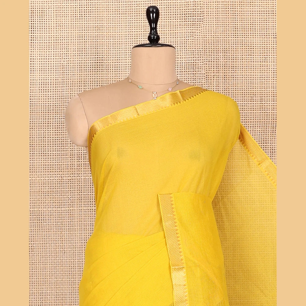 Pothys Yellow Plain Andhra Cotton Saree, Crafted with Temple Zari Border, Contrast Striped Pallu, and a Contrast Blouse