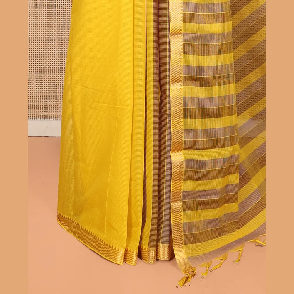 Pothys Yellow Plain Andhra Cotton Saree, Crafted with Temple Zari Border, Contrast Striped Pallu, and a Contrast Blouse