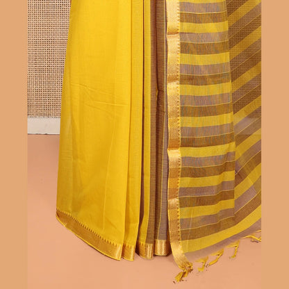 Pothys Yellow Plain Andhra Cotton Saree, Crafted with Temple Zari Border, Contrast Striped Pallu, and a Contrast Blouse