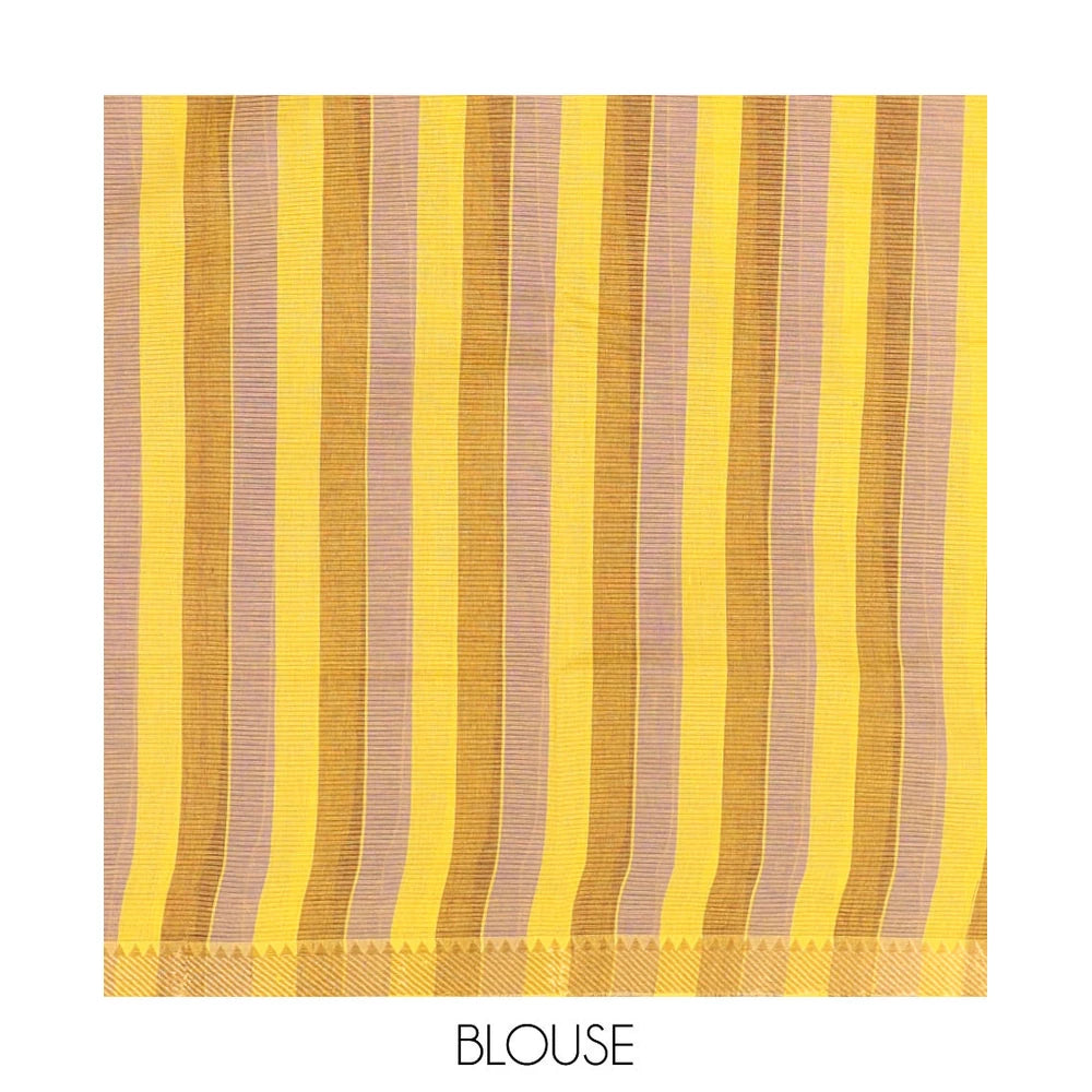 Pothys Yellow Plain Andhra Cotton Saree, Crafted with Temple Zari Border, Contrast Striped Pallu, and a Contrast Blouse