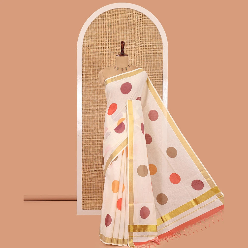 Pothys Cream Kerala Cotton Saree, Steeped with Multi-Color Polka Dots, a Zari Border, a Contrast Blouse