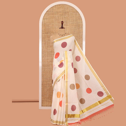 Pothys Cream Kerala Cotton Saree, Steeped with Multi-Color Polka Dots, a Zari Border, a Contrast Blouse