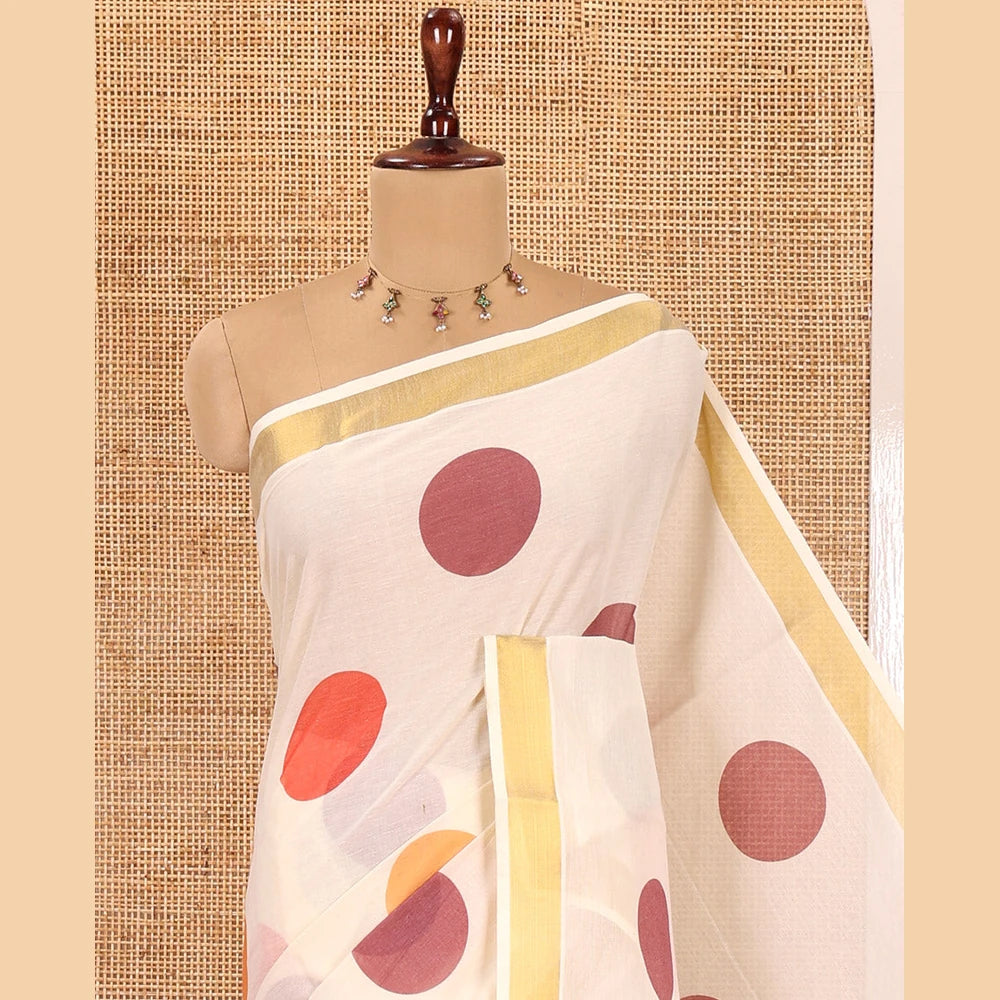 Pothys Cream Kerala Cotton Saree, Steeped with Multi-Color Polka Dots, a Zari Border, a Contrast Blouse