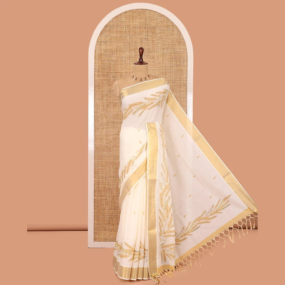 Pothys Cream Kerala Cotton Saree, Uniquely Detailed with Paddy Sheaves, a Zari Border, a Contrast Blouse