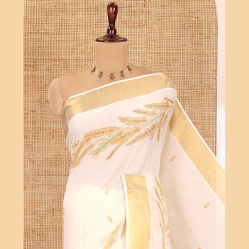 Pothys Cream Kerala Cotton Saree, Uniquely Detailed with Paddy Sheaves, a Zari Border, a Contrast Blouse