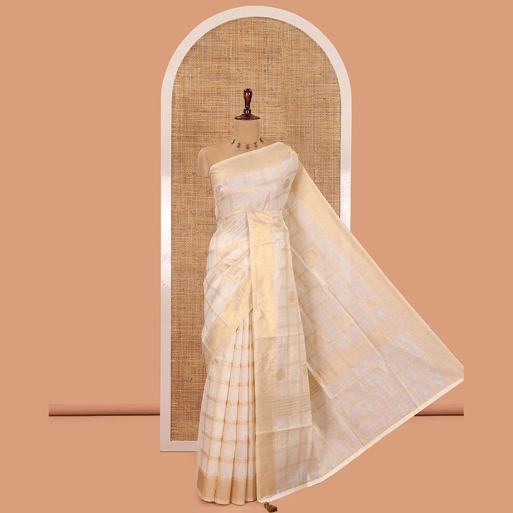Pothys Cream Chanderi Cotton Saree Features Polka Dot Enclosed Checks, a Zari Border, a Matching Blouse