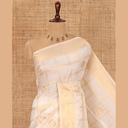 Pothys Cream Chanderi Cotton Saree Features Polka Dot Enclosed Checks, a Zari Border, a Matching Blouse