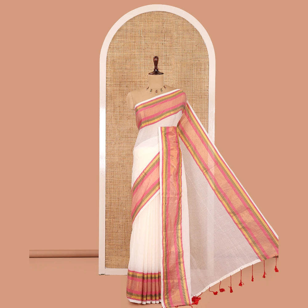 Pothys Cream Plain Khadi Mul Cotton Saree, Complemented by a Contrast Pink Border, a Self-Pallu, and a Matching Blouse