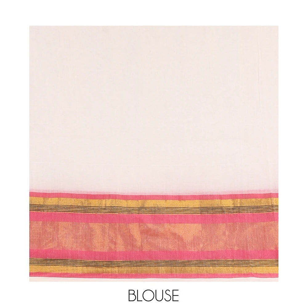 Pothys Cream Plain Khadi Mul Cotton Saree, Complemented by a Contrast Pink Border, a Self-Pallu, and a Matching Blouse