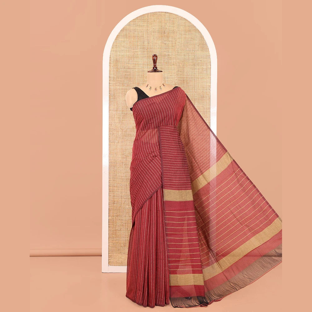 Pothys Borderless Maroon Chettinad Cotton Saree, Delicately Woven with Thread Stripes, a Self-Pallu, and No Blouse
