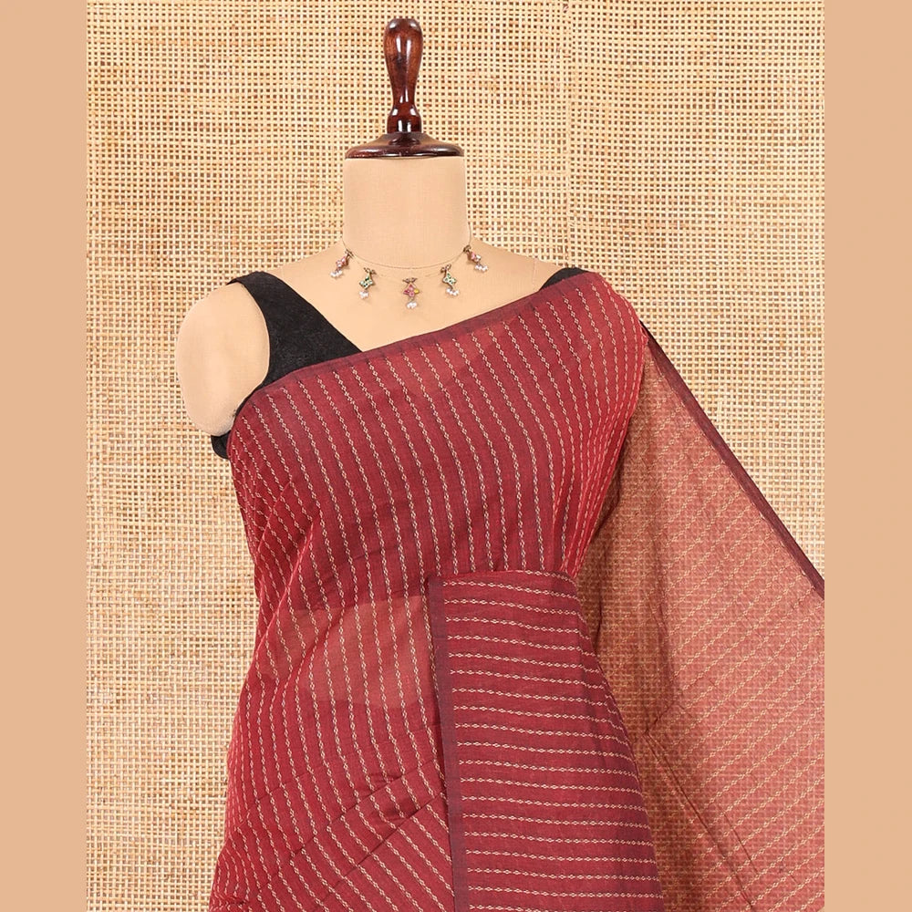 Pothys Borderless Maroon Chettinad Cotton Saree, Delicately Woven with Thread Stripes, a Self-Pallu, and No Blouse