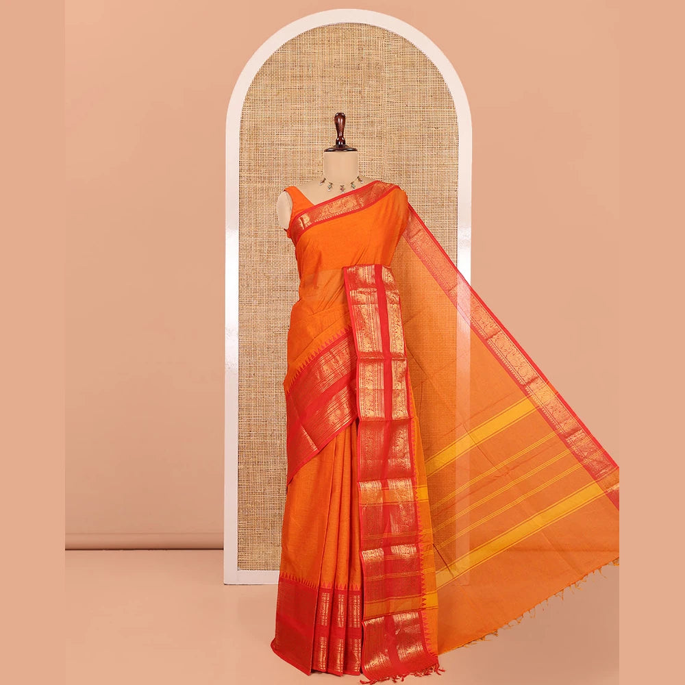 Pothys Orange Chettinad Cotton Saree, a Contrast Traditional Rettai Pettu Temple Border, Striped Pallu, and Matching Blouse