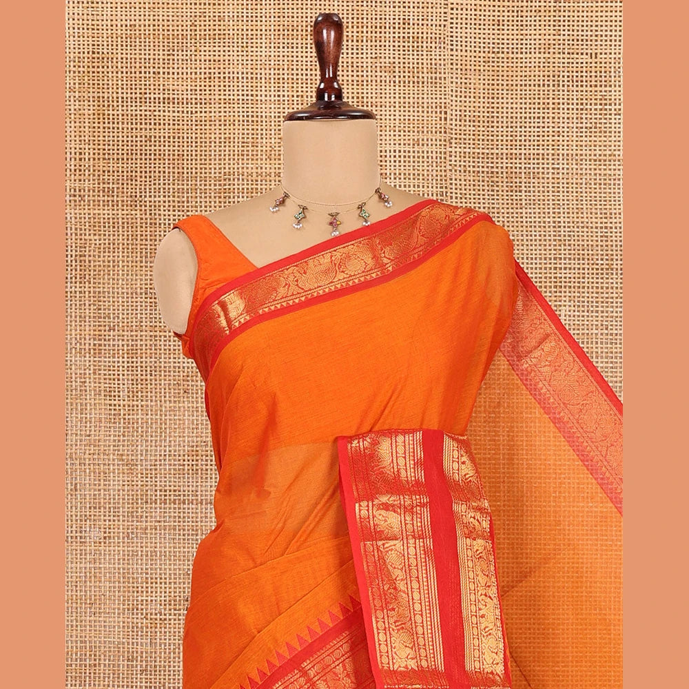 Pothys Orange Chettinad Cotton Saree, a Contrast Traditional Rettai Pettu Temple Border, Striped Pallu, and Matching Blouse