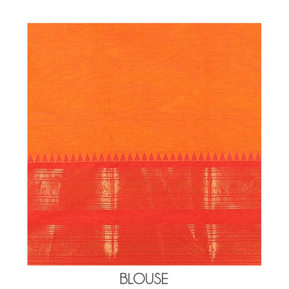 Pothys Orange Chettinad Cotton Saree, a Contrast Traditional Rettai Pettu Temple Border, Striped Pallu, and Matching Blouse