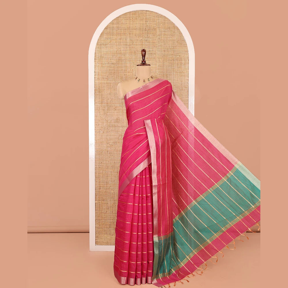 Pothys Rani Pink Semi-Silk Cotton Saree, Graced with Veldhari Stripes, Gold Zari Border, Contrast Striped Pallu and a Contrast Blouse