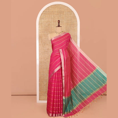 Pothys Rani Pink Semi-Silk Cotton Saree, Graced with Veldhari Stripes, Gold Zari Border, Contrast Striped Pallu and a Contrast Blouse