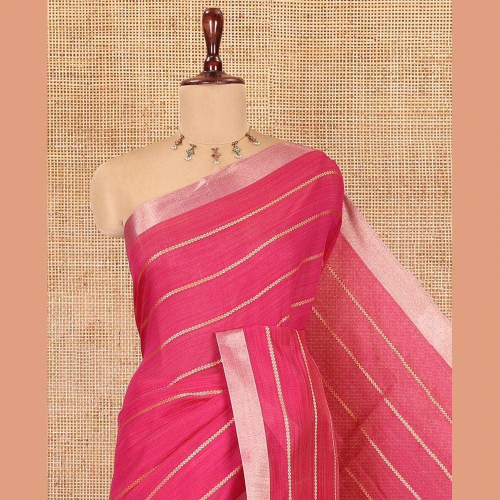 Pothys Rani Pink Semi-Silk Cotton Saree, Graced with Veldhari Stripes, Gold Zari Border, Contrast Striped Pallu and a Contrast Blouse