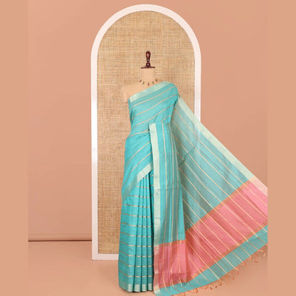 Pothys Rama Blue Semi-Silk Cotton Saree, Elevated with Veldhari Stripes, Gold Zari Border, Contrast Striped Pallu and a Contrast Blouse