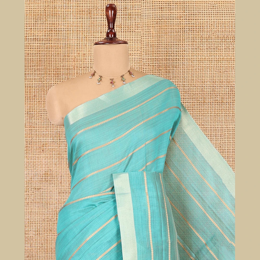 Pothys Rama Blue Semi-Silk Cotton Saree, Elevated with Veldhari Stripes, Gold Zari Border, Contrast Striped Pallu and a Contrast Blouse