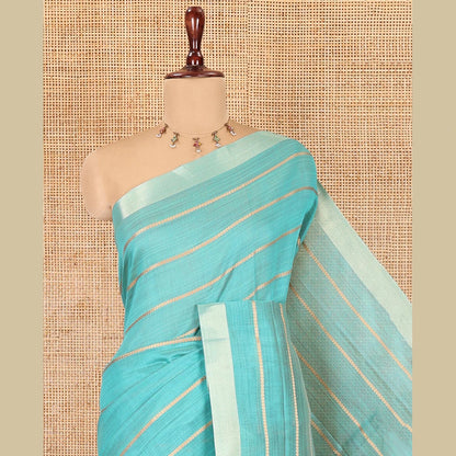 Pothys Rama Blue Semi-Silk Cotton Saree, Elevated with Veldhari Stripes, Gold Zari Border, Contrast Striped Pallu and a Contrast Blouse