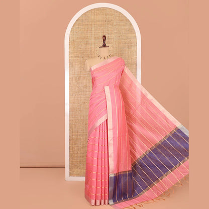 Pothys Baby Pink Semi-Silk Cotton Saree, Beautified with Veldhari Stripes, Gold Zari Border, Contrast Striped Pallu and a Contrast Blouse