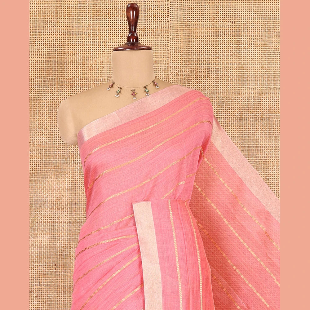 Pothys Baby Pink Semi-Silk Cotton Saree, Beautified with Veldhari Stripes, Gold Zari Border, Contrast Striped Pallu and a Contrast Blouse