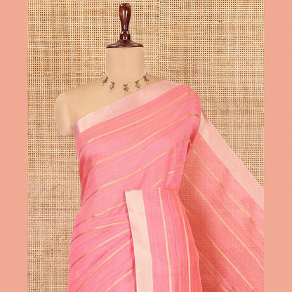 Pothys Baby Pink Semi-Silk Cotton Saree, Beautified with Veldhari Stripes, Gold Zari Border, Contrast Striped Pallu and a Contrast Blouse