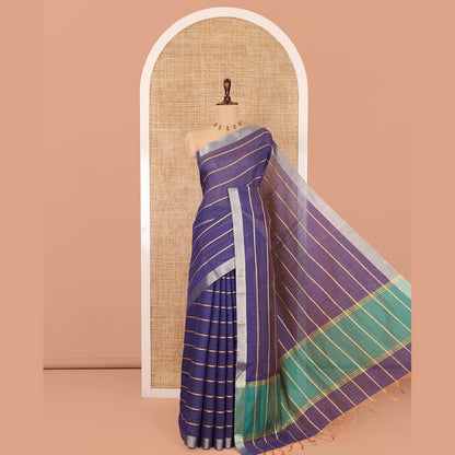 Pothys Navy Blue Blue Semi-Silk Cotton Saree, Accentuated with Veldhari Stripes, Gold Zari Border, Contrast Striped Pallu and a Contrast Blouse