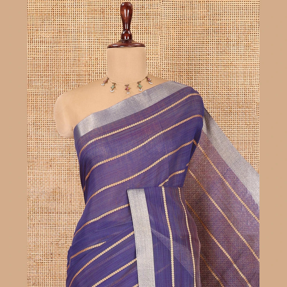 Pothys Navy Blue Blue Semi-Silk Cotton Saree, Accentuated with Veldhari Stripes, Gold Zari Border, Contrast Striped Pallu and a Contrast Blouse