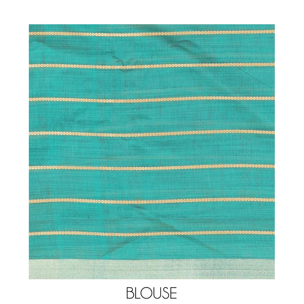 Pothys Navy Blue Blue Semi-Silk Cotton Saree, Accentuated with Veldhari Stripes, Gold Zari Border, Contrast Striped Pallu and a Contrast Blouse