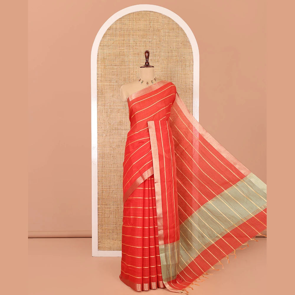 Pothys Red Semi-Silk Cotton Saree, Adorned with Veldhari Stripes, Gold Zari Border, Contrast Striped Pallu and a Contrast Blouse