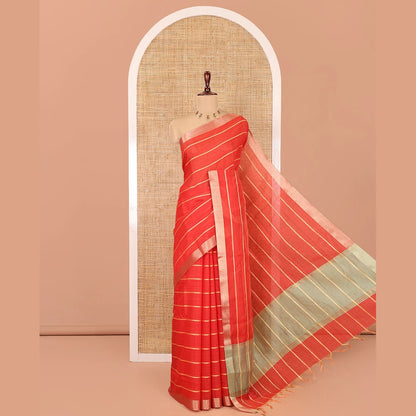 Pothys Red Semi-Silk Cotton Saree, Adorned with Veldhari Stripes, Gold Zari Border, Contrast Striped Pallu and a Contrast Blouse