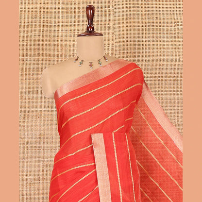 Pothys Red Semi-Silk Cotton Saree, Adorned with Veldhari Stripes, Gold Zari Border, Contrast Striped Pallu and a Contrast Blouse