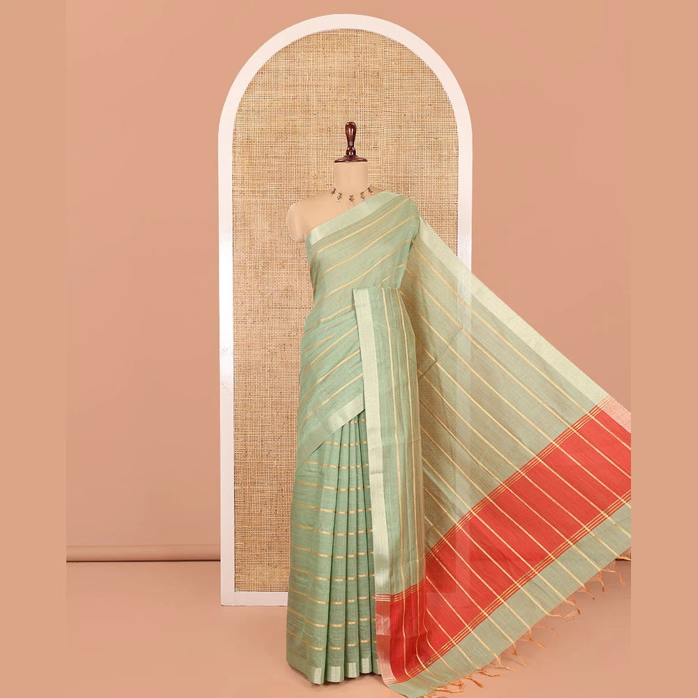 Pothys Pista Green Semi-Silk Cotton Saree Features Veldhari Stripes, Gold Zari Border, Contrast Striped Pallu and a Contrast Blouse