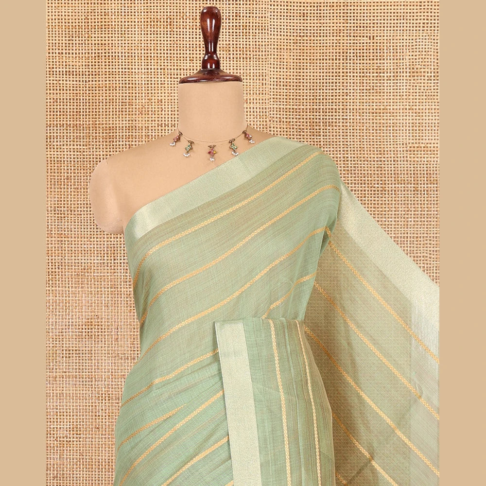 Pothys Pista Green Semi-Silk Cotton Saree Features Veldhari Stripes, Gold Zari Border, Contrast Striped Pallu and a Contrast Blouse